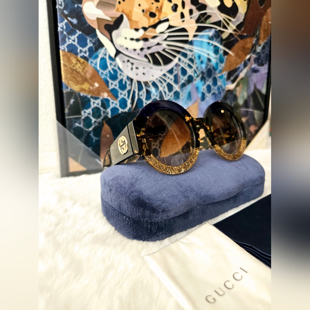 ‼️SOLD‼️New- Gucci Acetate Round Sunglasses Blue Havana Brown - Picture 7 of 16